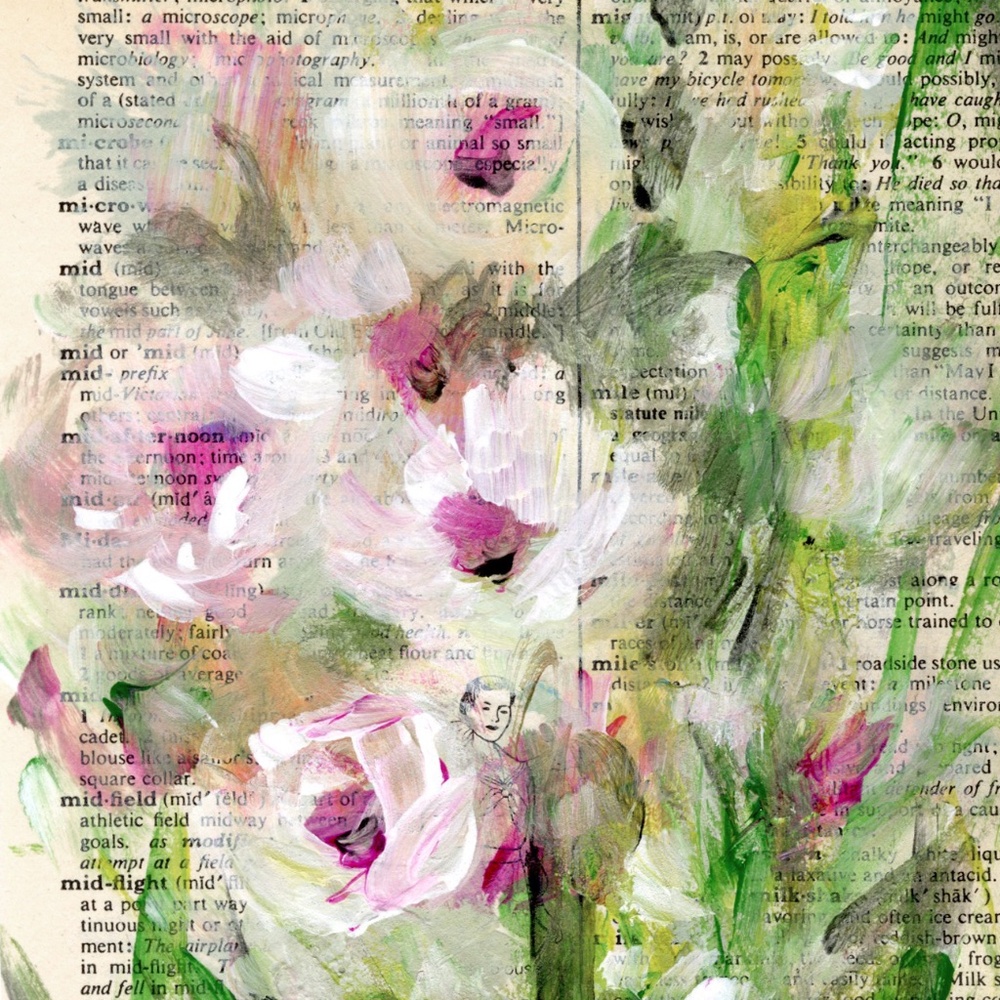 Original Floral painting on Vintage Dictionary Page page - Flora Songs 5